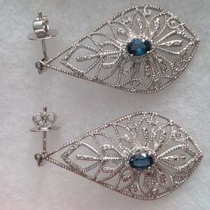 London Blue Sterling Silver Teardrop Earrings, Sparkling Gemstone Filagree, New